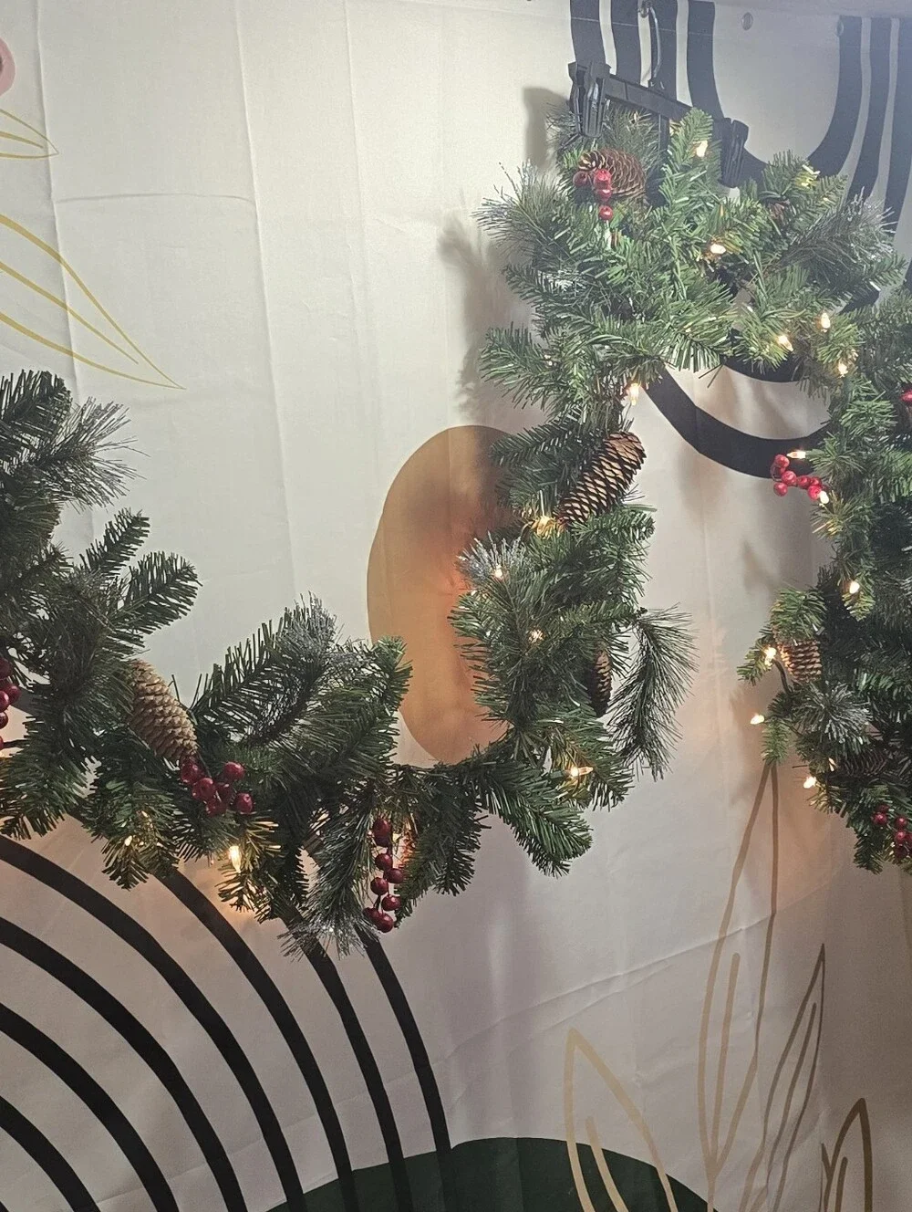 Festive Pine Garland with Lights and Berries - Green